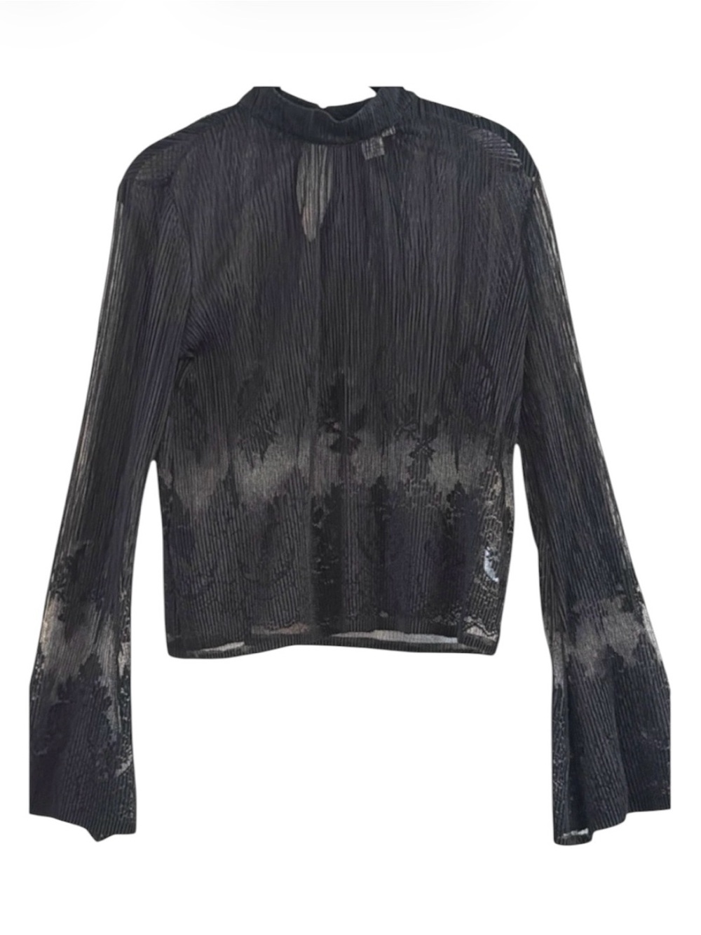 Bar III Black Eyelash Lace Knit Sheer Mock Neck Bell Sleeve Blouse Top Size S